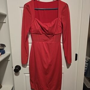 Red Long-Sleeve Square-Neck Bodycon Dress